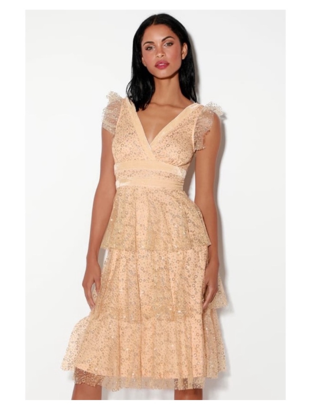 NWT Stunning LULUS Love Nude And Gold Glitter Tiered Midi Dress Sz: S